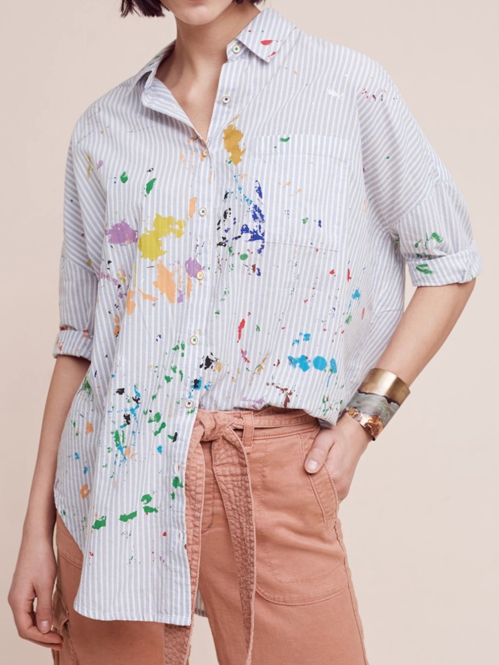 Anthropologie Holding Horses White Blue Striped Paint Splatter Button Down Shirt